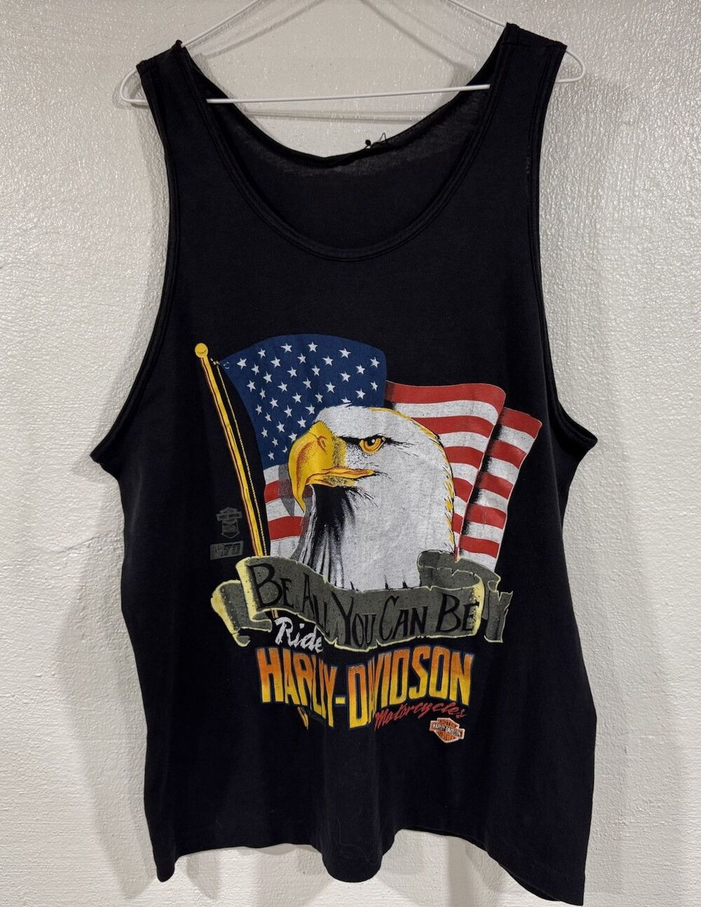Vintage 1990 Harley Davidson Eagle & USA Flag Tank Top Mens Size 2XL-30x23